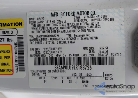 2020 Ford Fusion Hybrid Se z USA, uszkodzony, nr VIN 3FA6P0LU9LR188726